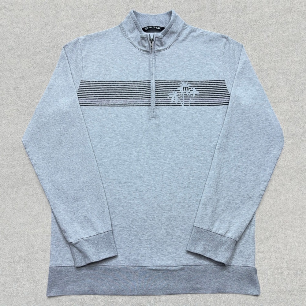 Travis Mathew Quarter Zip Pullover Mens M Gray Striped Palm Tree Golf Sweater